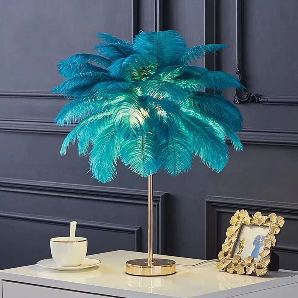 Lámpara de Mesa con Plumas Doradas Art Deco – Decoración Lujosa y Original 